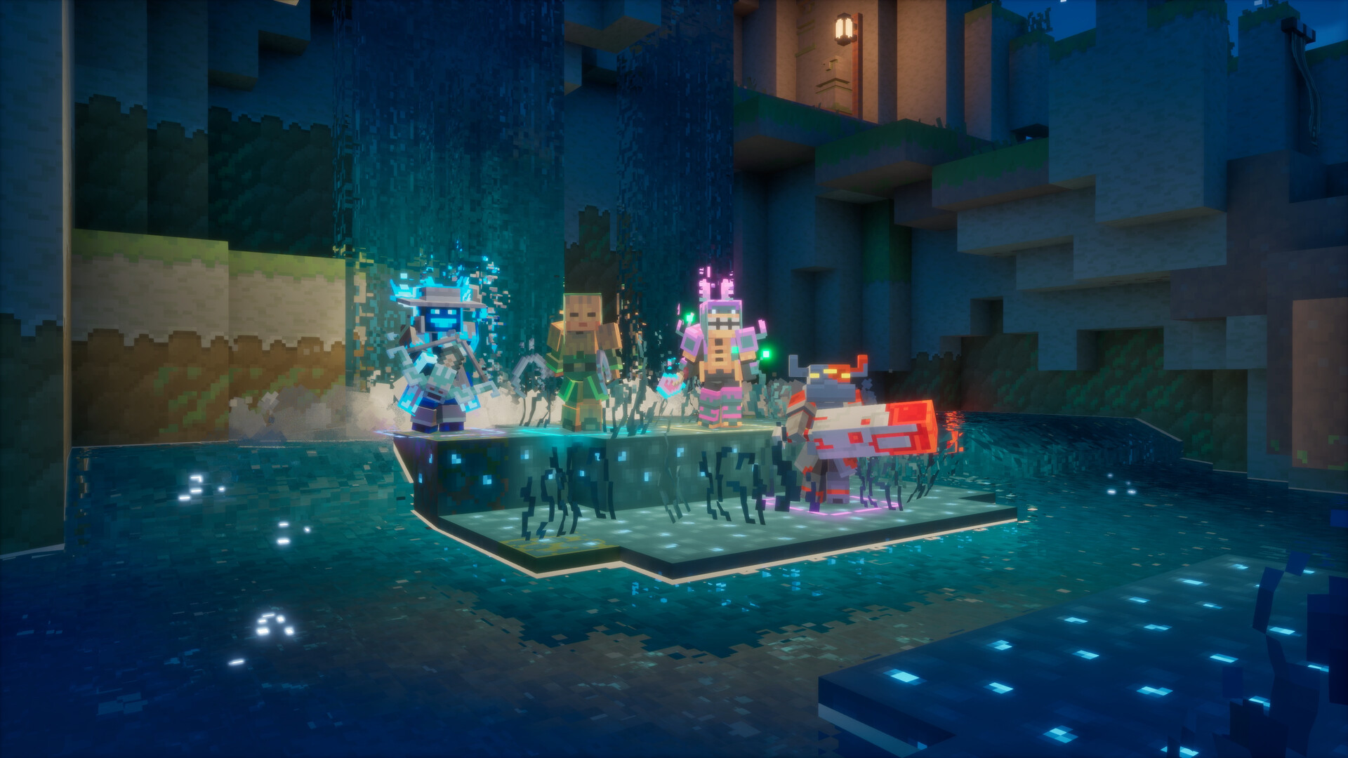 Vier Helden stehen gemeinsam in Minecraft Dungeons 2 auf einer Steinplattform über glühendem Wasser — Koop-Szene bei Nacht