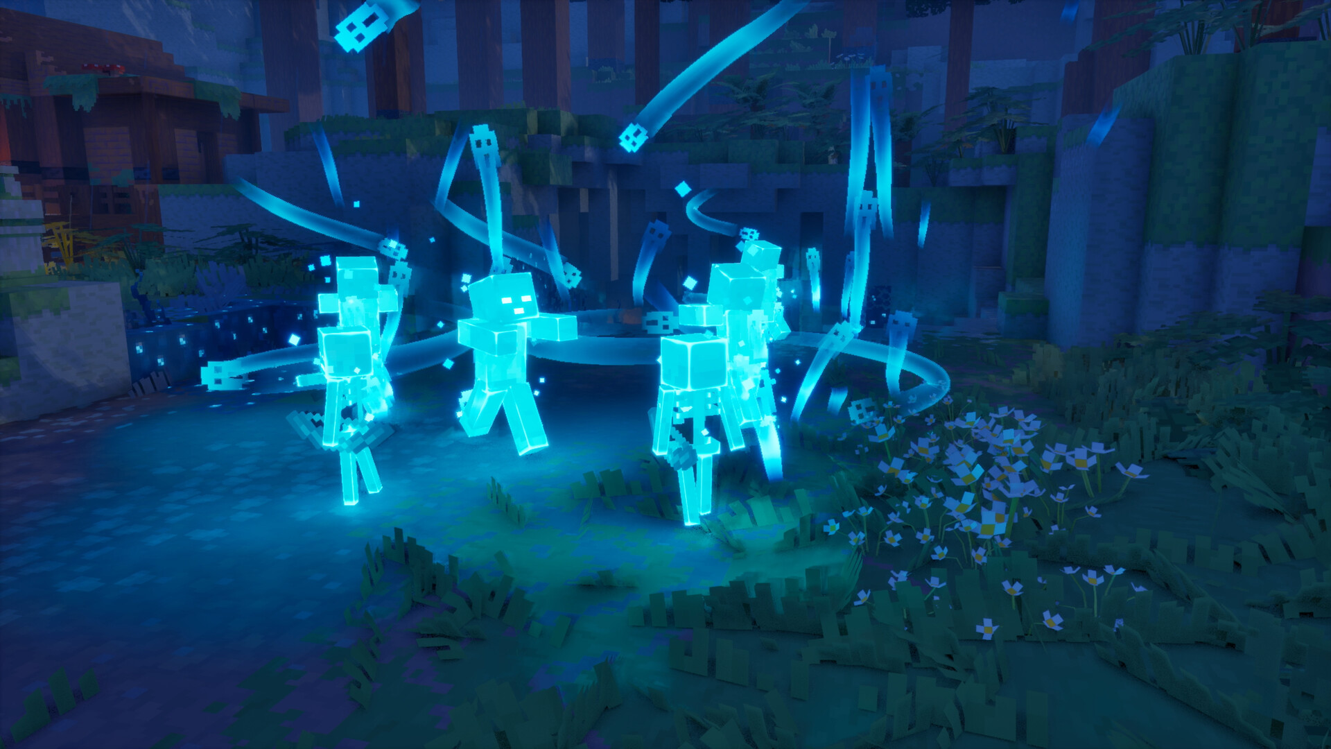 Innenraum einer steinernen Ruine in Minecraft Dungeons 2, beleuchtet von Fackeln, mit dunklem Durchgang im Hintergrund